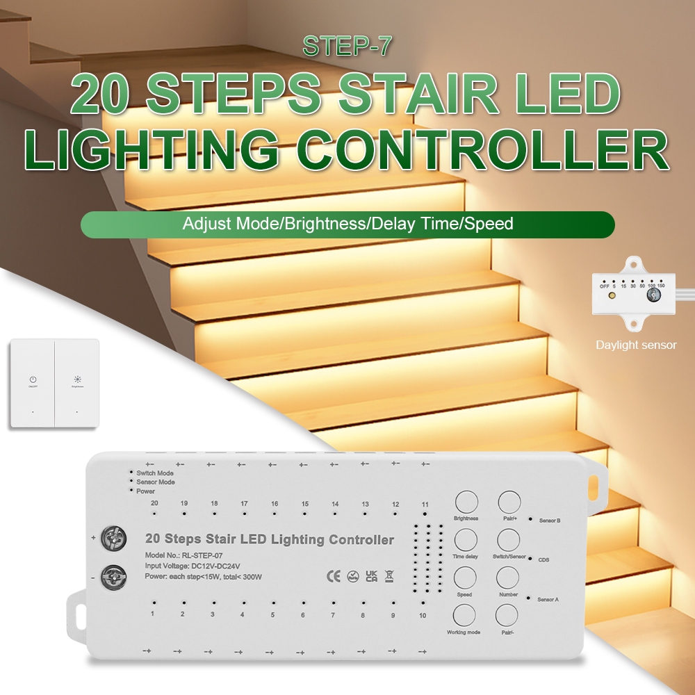 20-Step Motion Sensor LED Stair Lights - Daylight COB Strip Kit Easy ...