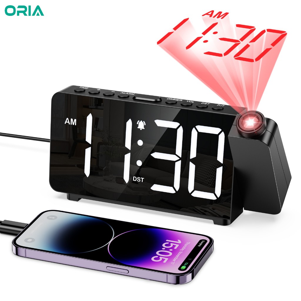 ORIA Projection Alarm Clock Digital Clock with 180° Rotatable Projector ...