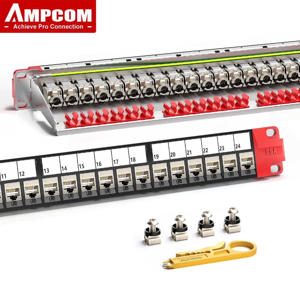 AMPCOM 1U 24-Port Keystone Patch Panel, STP Rack Mount with Rear Cable ...