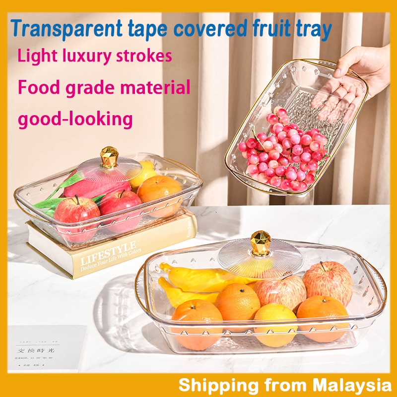 Transparent Storage Plate with Lid, Oval Gold Edge Fruit Bowl for ...