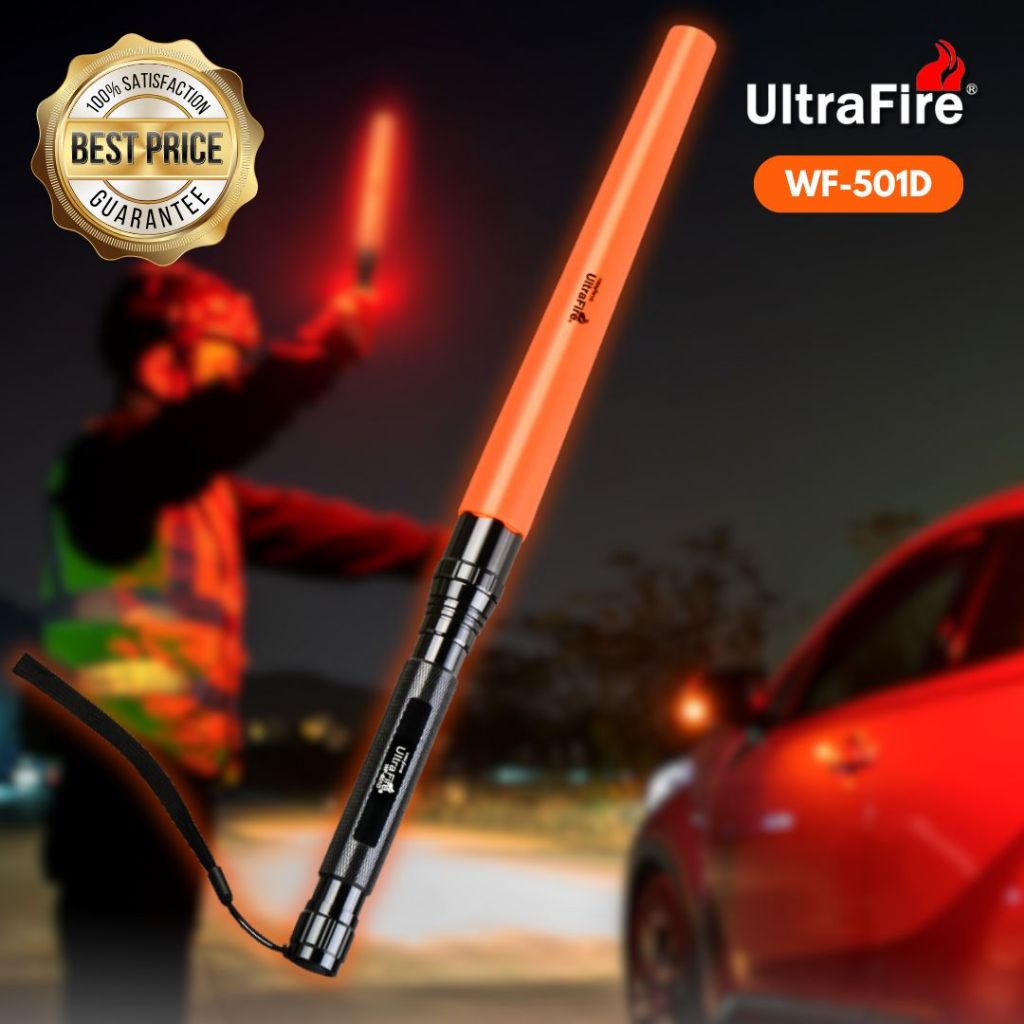 ULTRAFIRE Wand WF-501D - Torcia LED Per Traffico 1300 Lumen Con Bacchetta E Fondina, 3 Modalità (Alta, Bassa, Stroboscopica) Per Parcheggio, Costruzioni, Emergenze, IP65, 2 Batterie Incluse