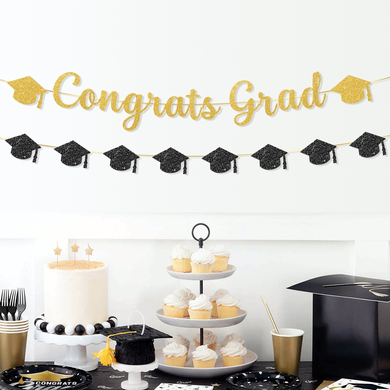16PCS Black Gold Congrats Grad Paper Banner Blue Class Of 2025 ...