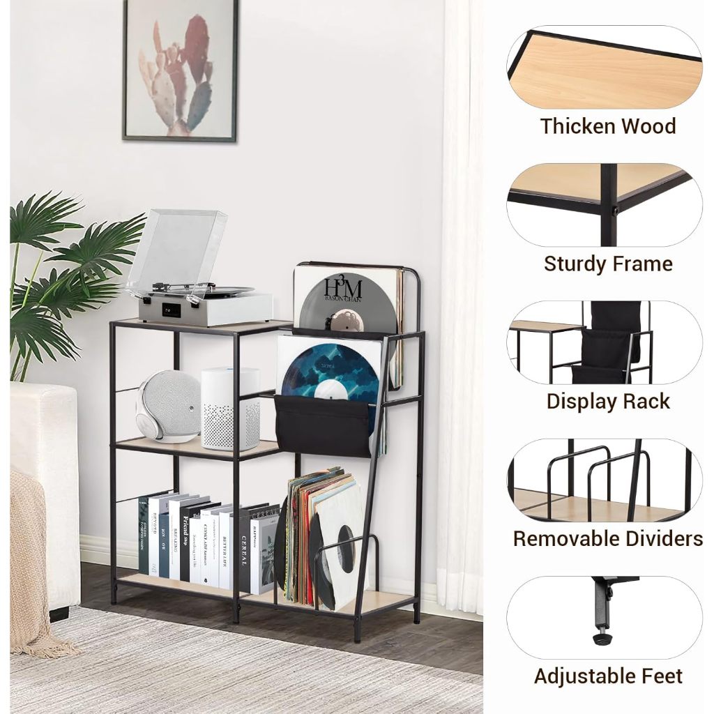Record Player Stand, with 3 Storage Shelves, Vinyl Records Cabinet ...