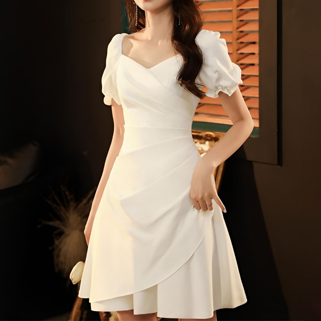 shopee evening dress MissJophiel Women V Neck Ruffled Half Sleeeve Long Pleated Floral Wedding Party Guest Formal Dresses Champagne / Floor Length / US14