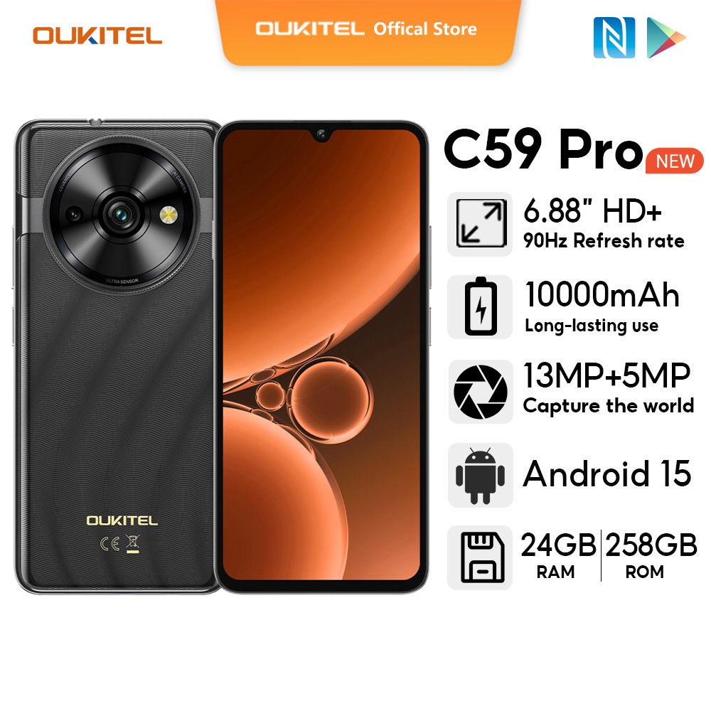 OUKITEL C59 PRO 24GB+256GB 1 6.88” HD+ 90Hz 0000mAh Screen Android 15 ...