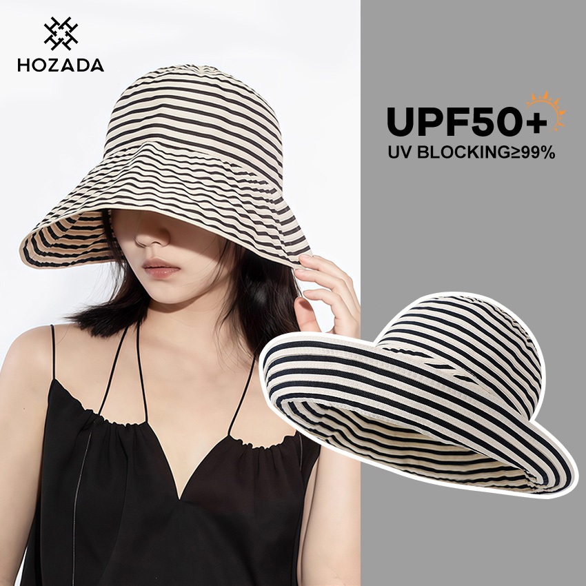 HOZADA Women Sun Cap Striped Design Beach Hat Foldable Sun-proof Hat ...