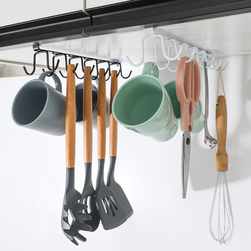 No Drill Kitchen Hanging Rack - 2-Tier Hooks for Cups, Utensils ...