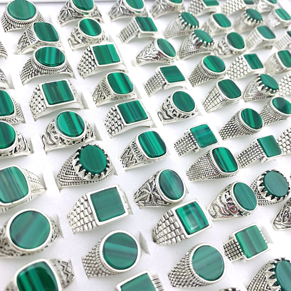 20pcs Silver Rings For Men and Women Green Striped Stone Fashion ...