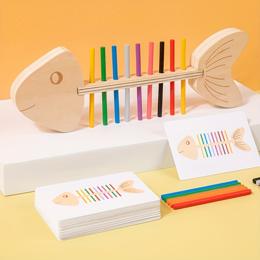 Wooden Montessori Baby Puzzle Toys Color Sorting Rainbow Sticks Fish ...