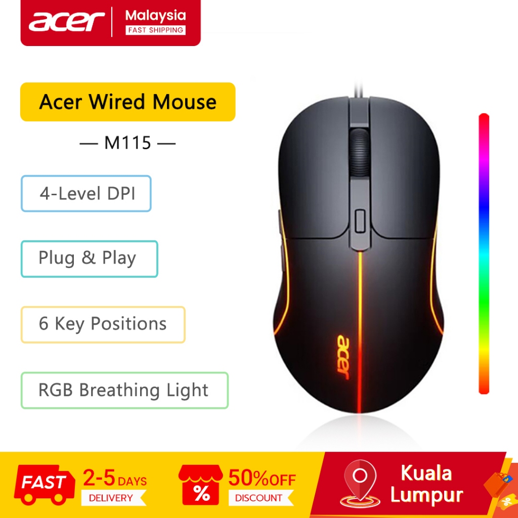 Acer Wired Mouse M115 3200DPI Colorful Lighting Effect Mute Design E ...