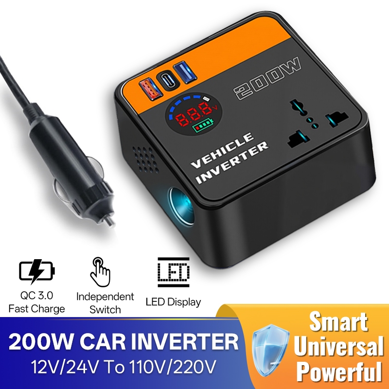 200W Car Inverter with Switch and LED Screen 1 Type-c Fast Charging ...
