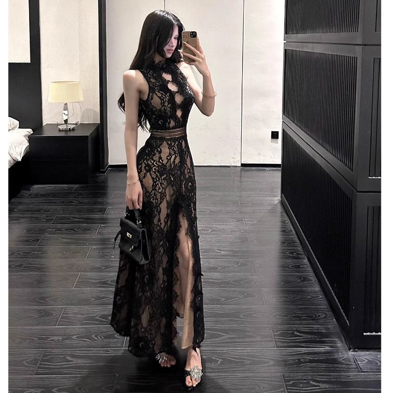 French Party Party Party Sexy Lace Long Dress Women's Slim-fit
