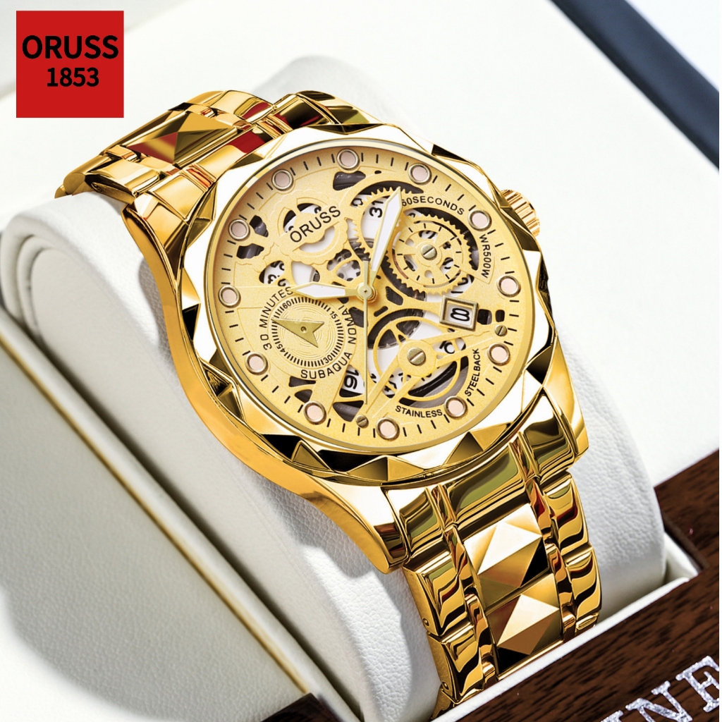 ORUSS Original Men Luminous Hollow Stainless Steel Gold Luxury Calendar ...
