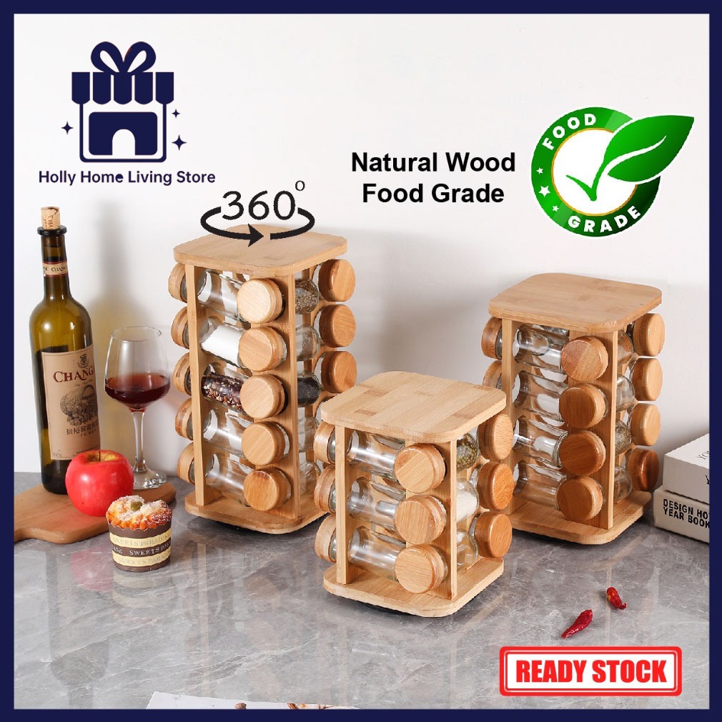 [Holly] Wooden 12 Pcs Seasoning Bottles Set Rotating Spice Tower Rack ...