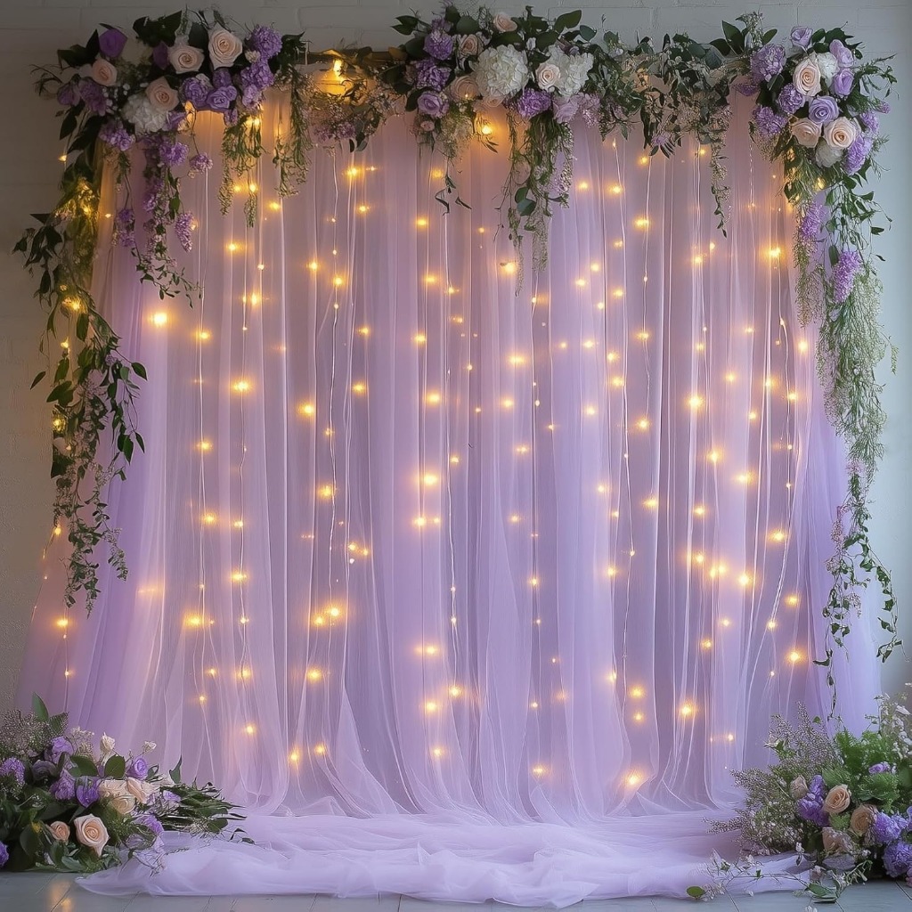 Multicolour Tulle Backdrop With String Light Organza Sheer Curtain ...
