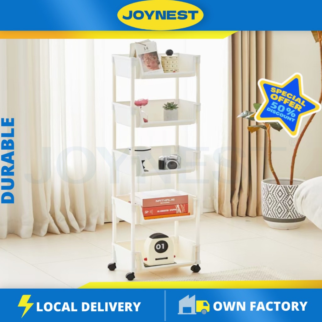 JOYNEST 3/4/5 Tier Movable Book Shelf Rack With Wheels Multi-Layer Book ...