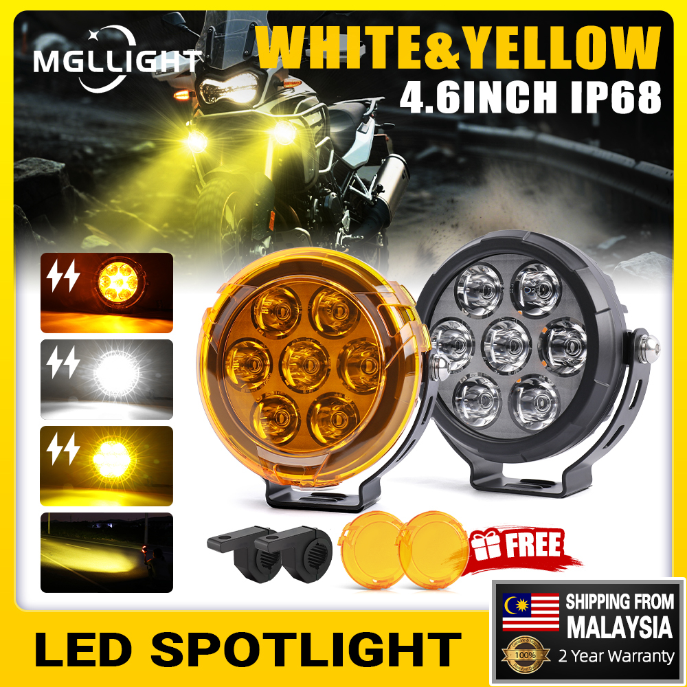 Motorcycle LED Auxiliary Spot Light – White High Beam + Yellow Low Beam, 10W Per Light, Pair