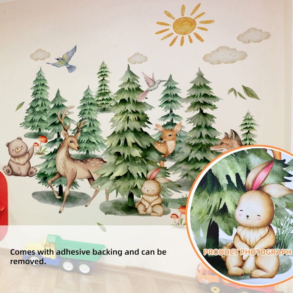 Cartoon Forest Animals Wall Stickers Rabbit Fox Deer Bear Decals Self ...