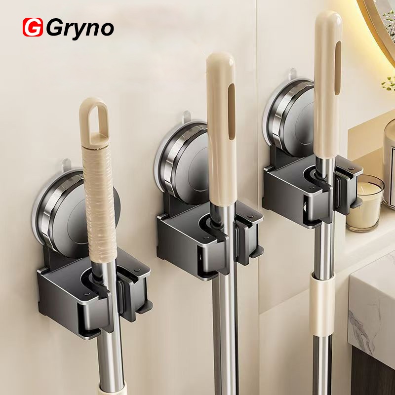 Gryno Suction Cup Mop Holder No Drill Wall Mounted Reusable Mop Hook ...
