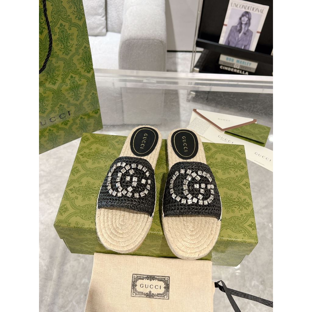 GUCCI Woven Rhinestone Letters Ladies Casual Slippers | Shopee Malaysia