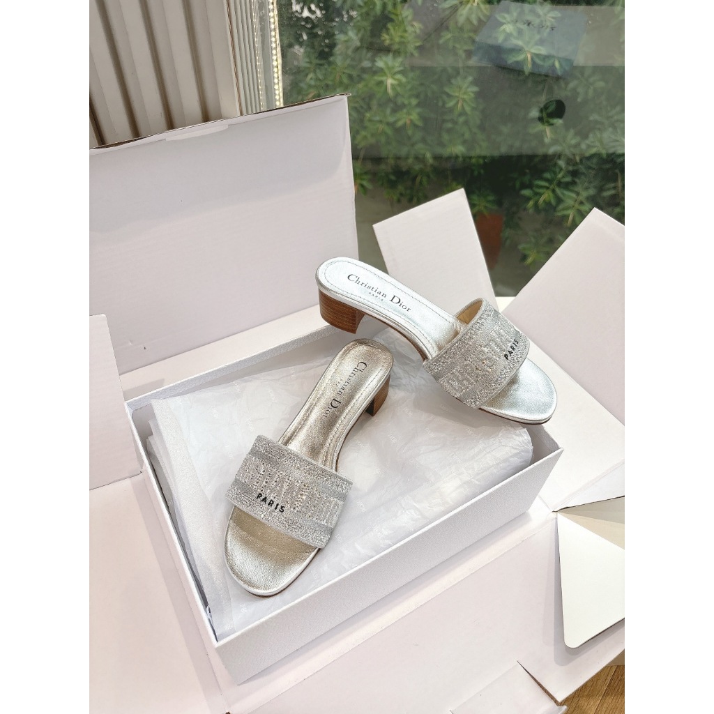 DIOR 2025 Summer New Style Rhinestone Letter Embroidery Block Heel ...