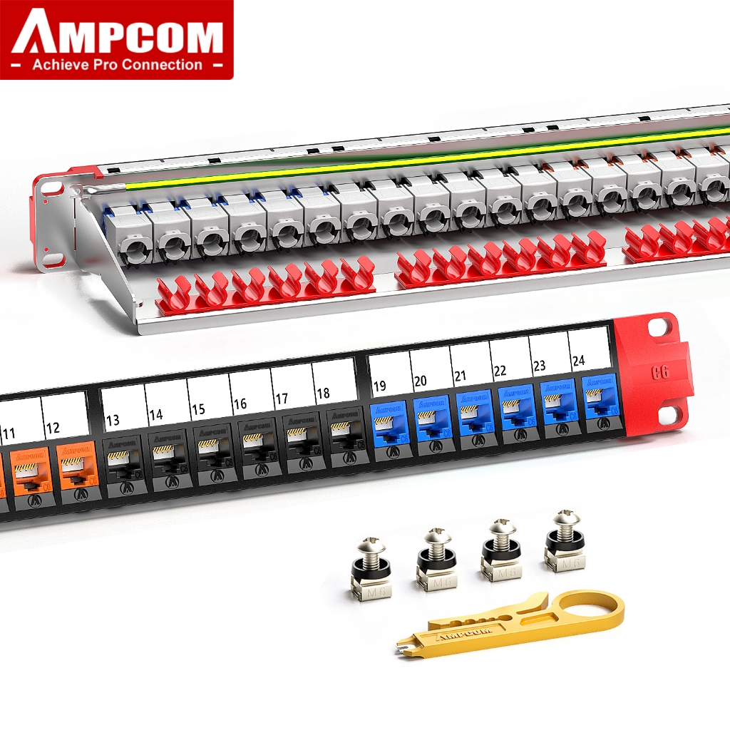 AMPCOM 1U 24-Port Keystone Patch Panel, UTP Rack-Mounted with Rear ...