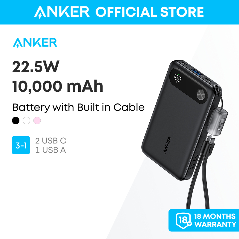ANKER 10,000mAh Power Bank With Built-in USB-C Cable - 22.5W Portable Charger With Lanyard | Fast Charging For IPhone, Galaxy, IPad & More