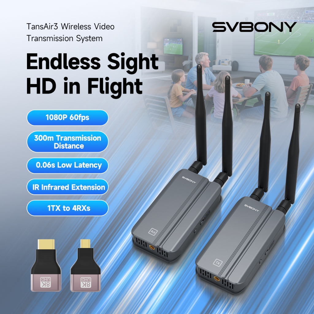 SVBONY TransAir3 Draadloze HDMI Zender en Ontvanger, HDMI Verlenger 5GHz 1080P/60FPS Bereik 300m, App-Controle, Vertraging 0.06s, 1RX tot 4TXs, IR Afstandsbediening, voor TV Projector Thuis Kantoor