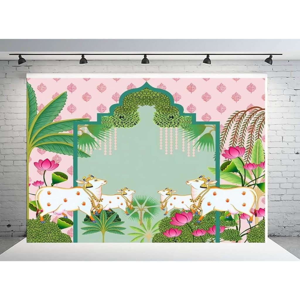 Cows Pink Lotus Green Backdrop Curtain Pooja Decor Wedding Backdrop ...