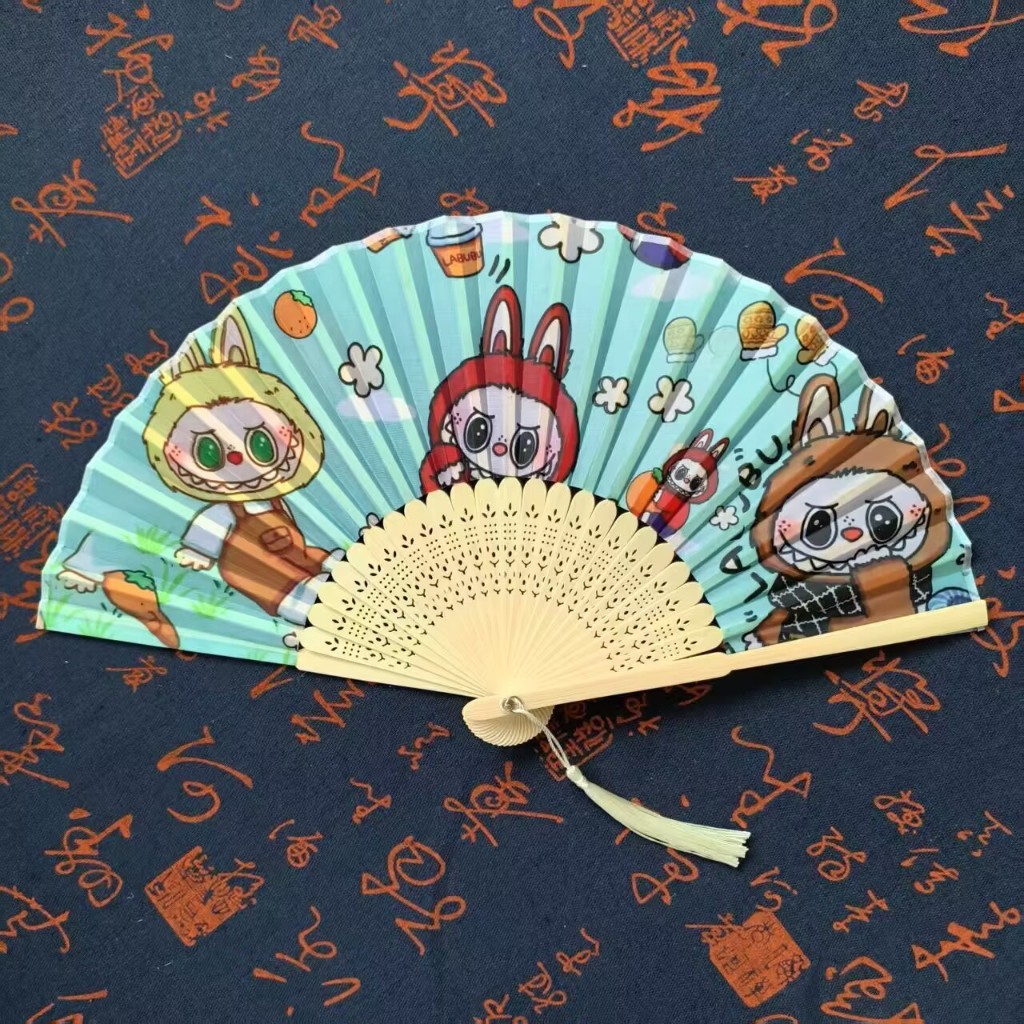 Pop Mart labubu Cartoon Folding Fan Summer Portable Bamboo Fan labubu ...