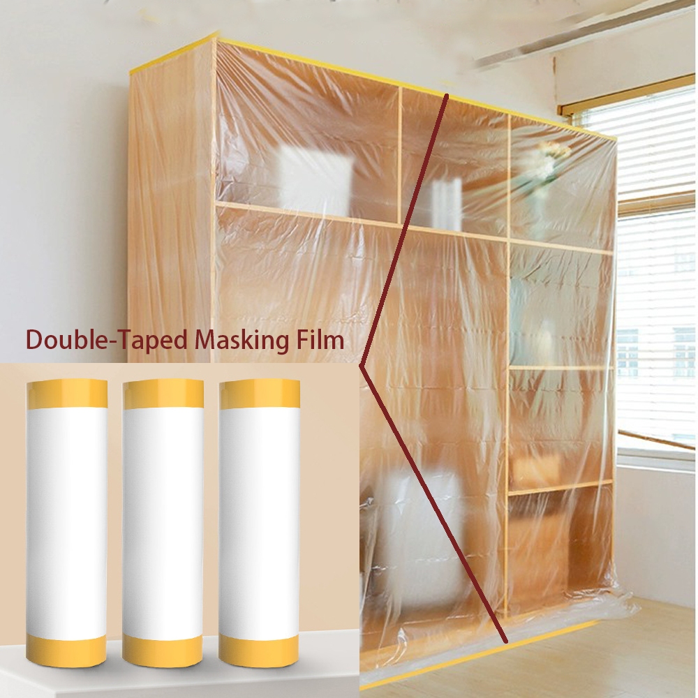 20M/65.6ft Double Pre-Taped Masking Film PE Drop Cloth Sheeting for ...