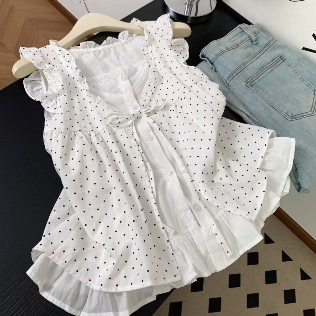 Korean Style Women Ladies Loose Polka Dot Ruffle Fake-two-piece ...