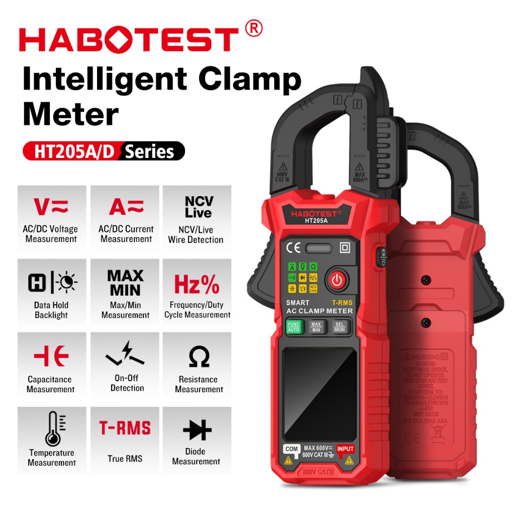 HABOTEST HT205 Digital Clamp Multimeter 600A AC/DC Current and 600V AC ...