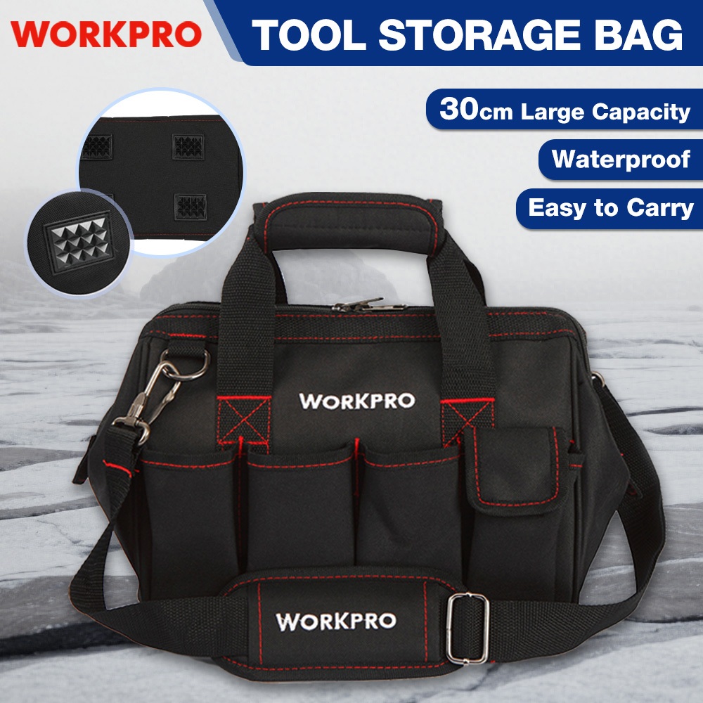 Workpro 12-Inch Wide-Mouth Tool Bag – Heavy-Duty 600D Polyester, 7 Pockets, Padded Handle & Shoulder Strap