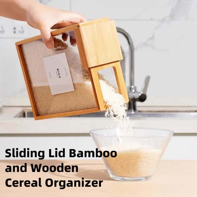 Food Dispenser, 2L with Label Kitchen Organizer, Airtight Wooden ...
