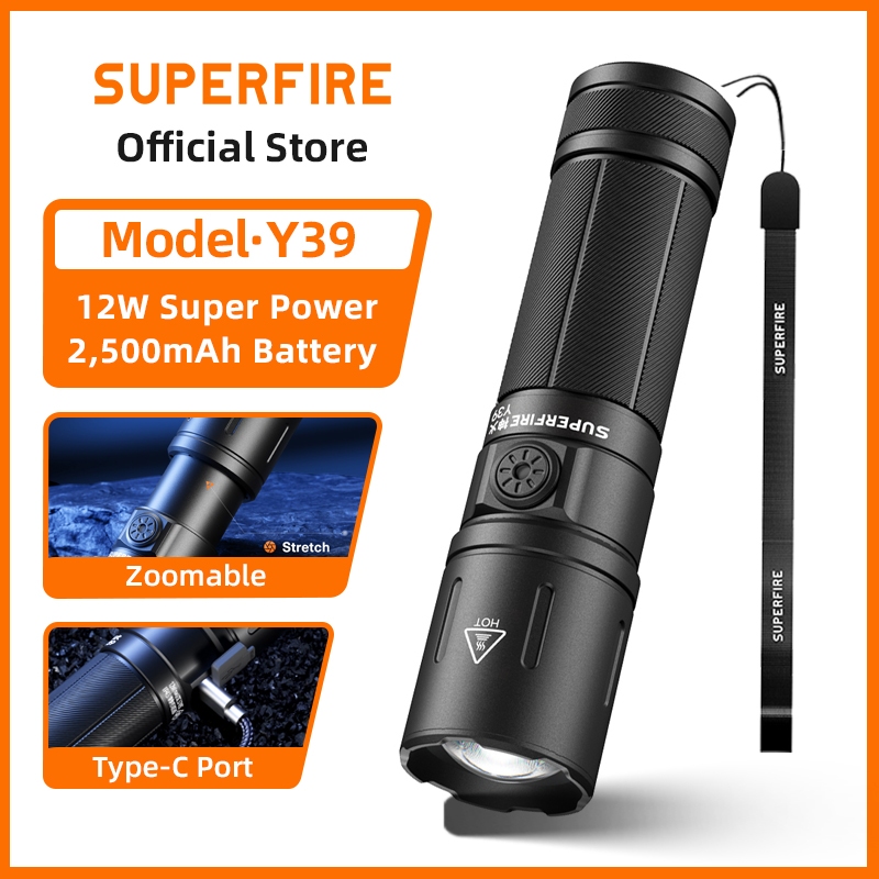 SUPERFIRE Y39 12W Powerful Zoomable Flashlight 670 lumens Torch Light ...