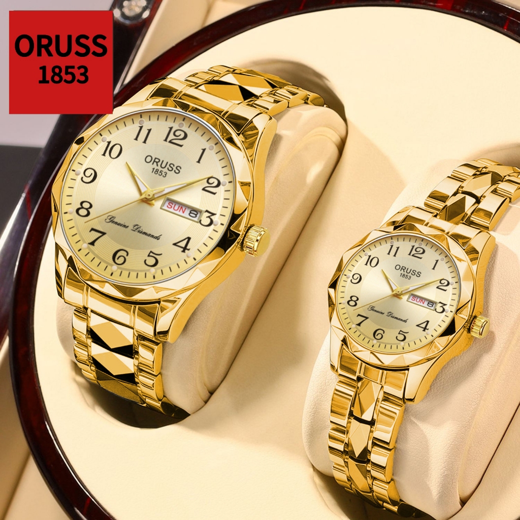 ORUSS Original Couple Luxury Dual Calendar Waterproof Luminous Gold ...
