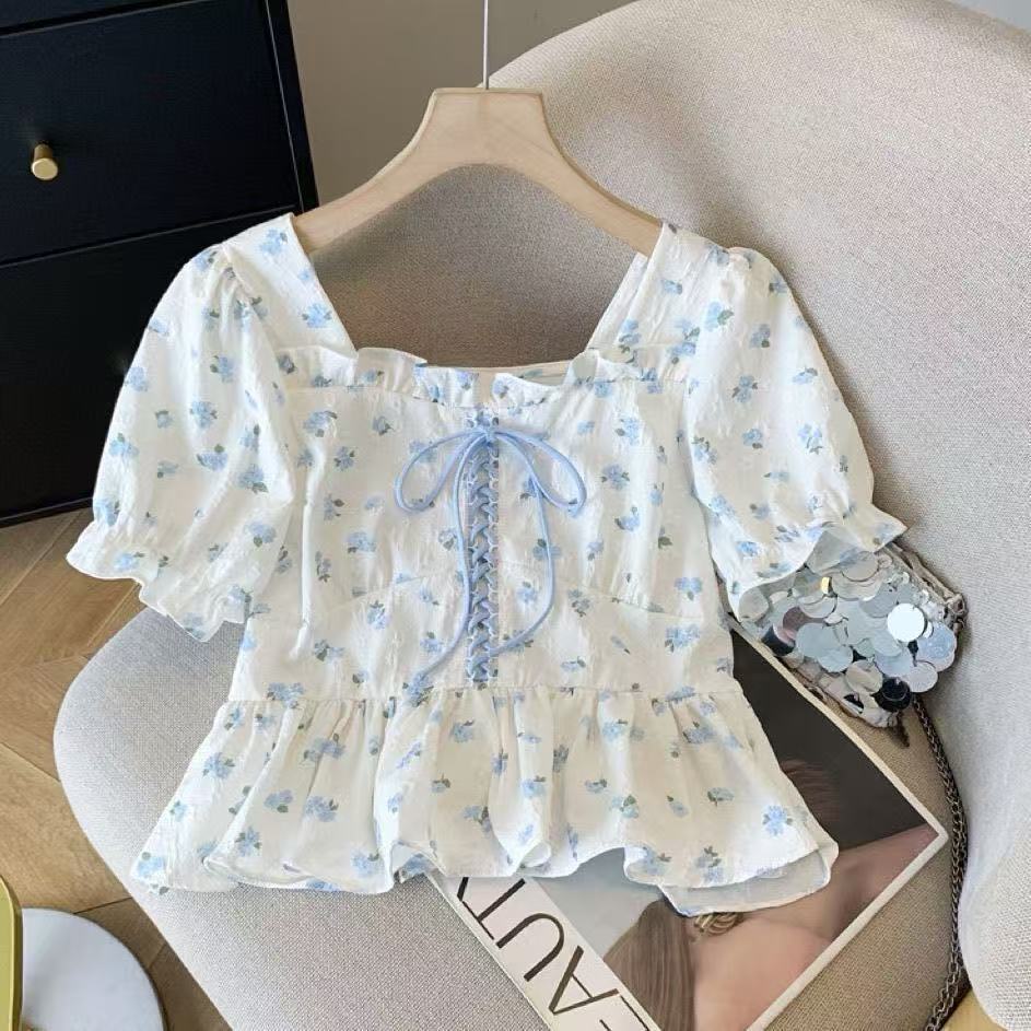 Korean Style Women Ladies Slim Ruffle Floral Puff Short Sleeve Shirt ...