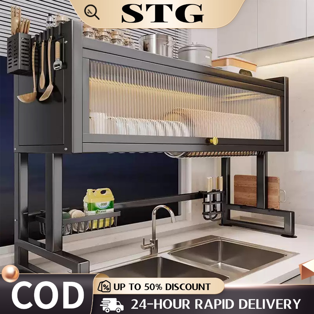 2-Layer Stainless Steel Tableware Rack with Lid 65/75/85/95/105cm Cross ...