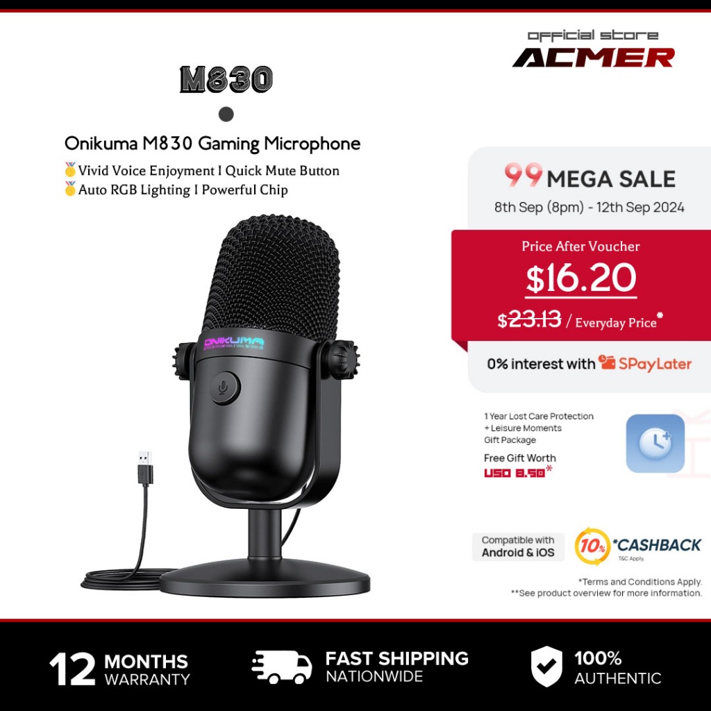 Onikuma M830 Gaming Microphone with Noise Cancellation & Mute Button ...