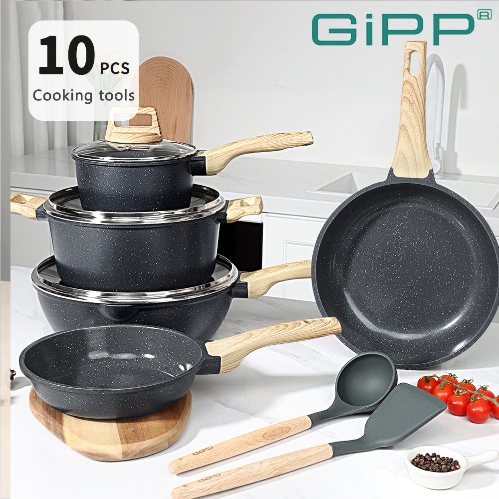 GiPP Nonstick Pots and Pans Set - 10 Piece Granite Kitchen Cookware Set ...