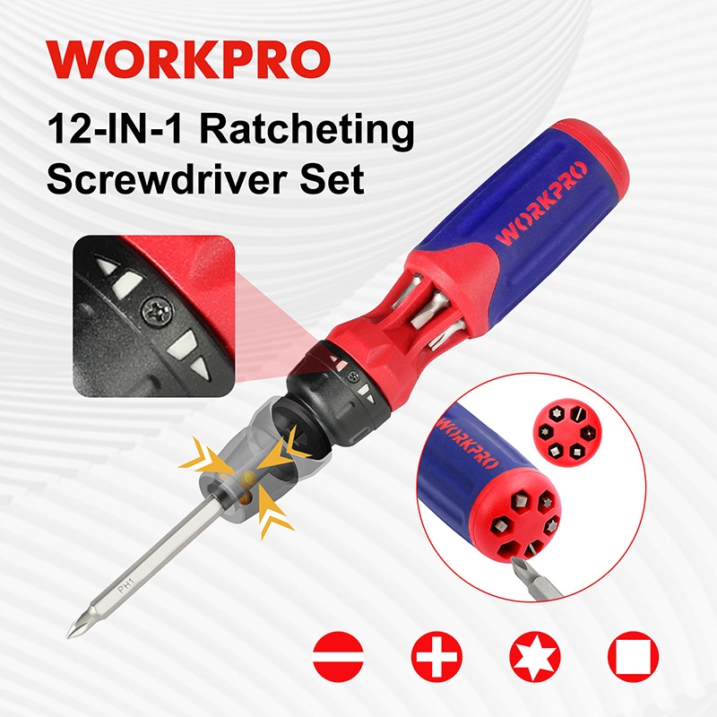 WORKPRO Ratcheting Screwdriver set 12 in 1 Screwdriver bit set with ...