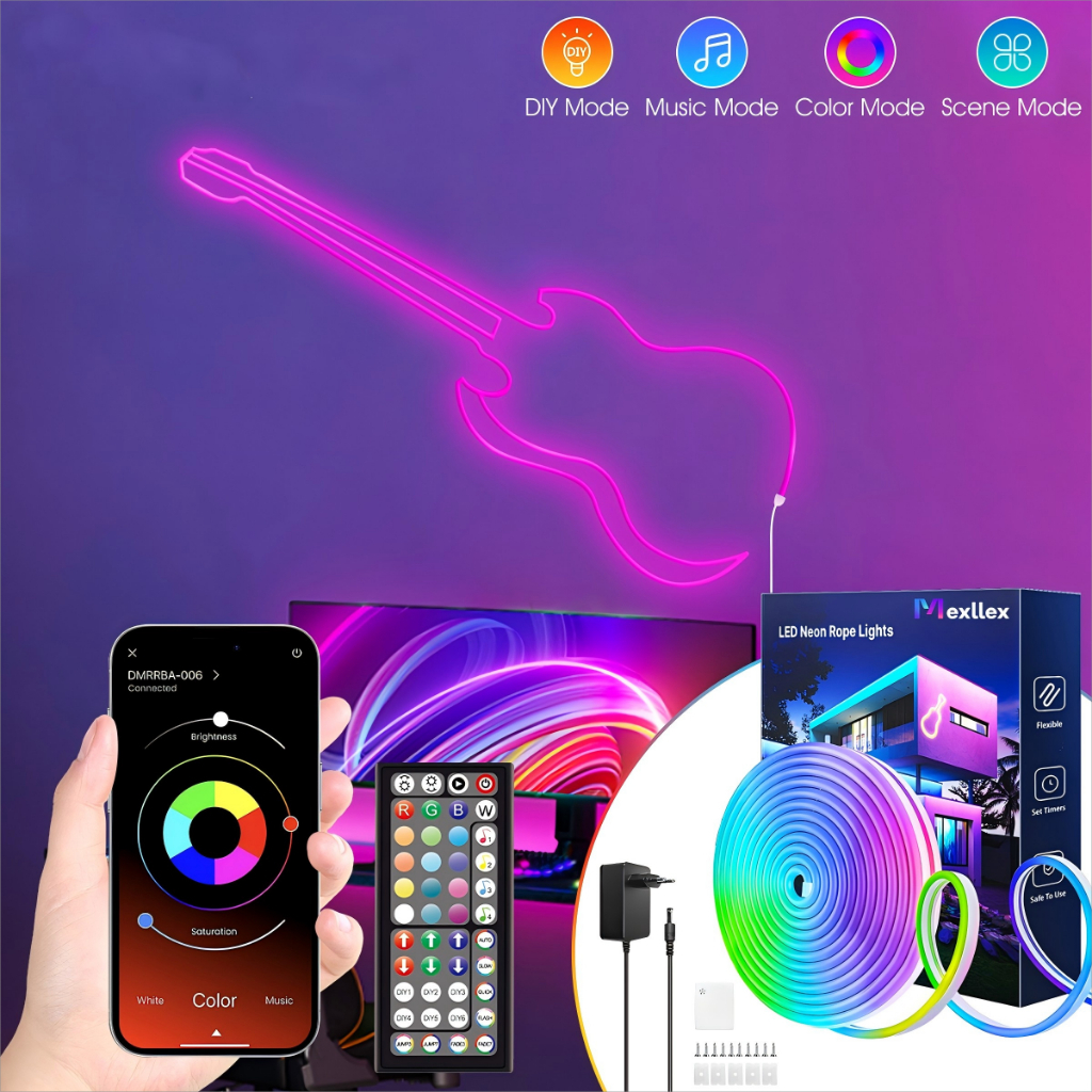 RGB Neon Light Strip with APP and Remote 30M IP65 Waterproof Music Sync ...