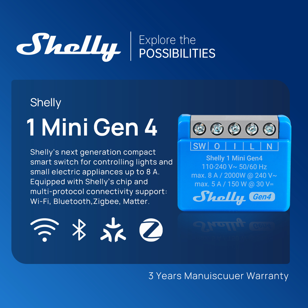 Shelly 1 Mini Gen4 Wi-Fi Zigbee & Matter Smart Relay Switch with Dry ...