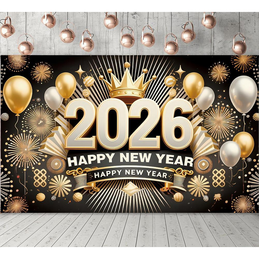 5x3ft Crown Happy New Year 2026 Photography Backdrop Black Gold ...