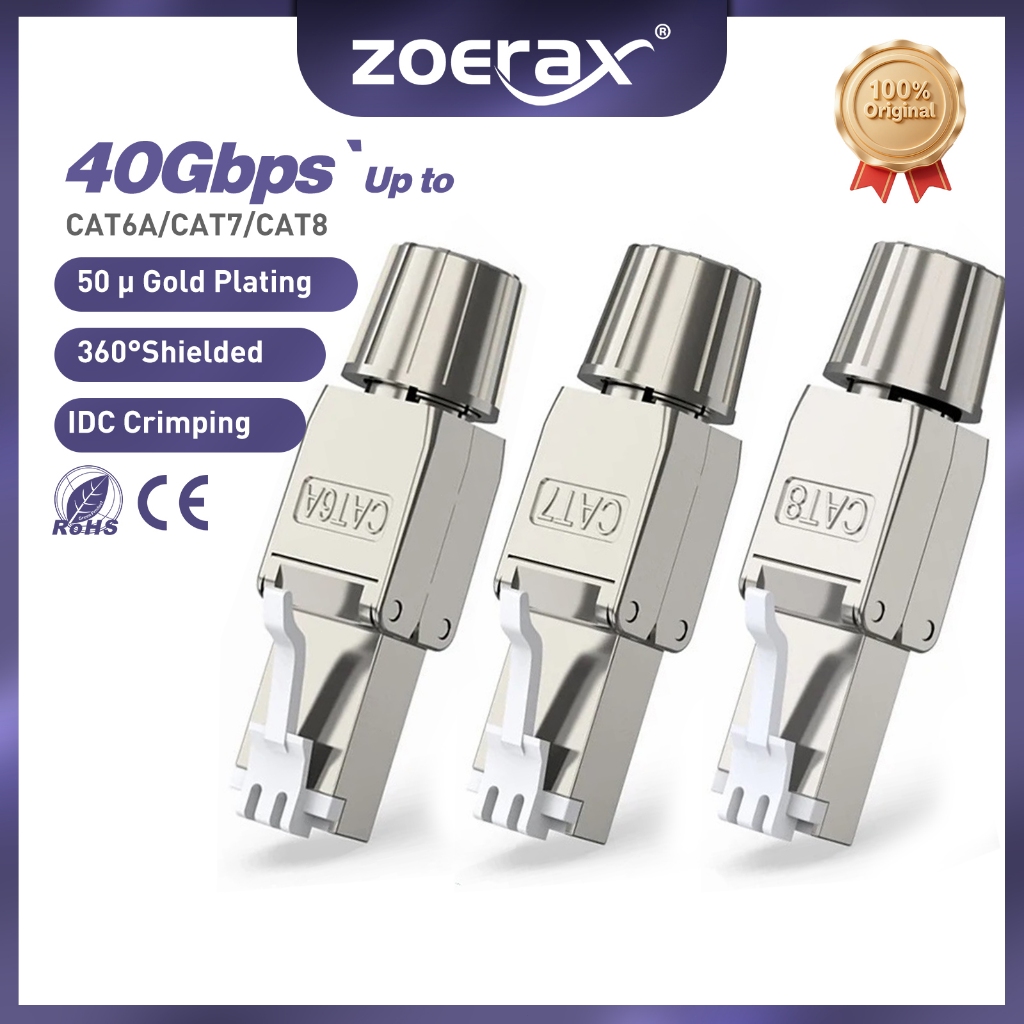 Zoerax Tool-Free Reusable Shielded RJ45 Cat6A/Cat7 Cat8 Connectors ...
