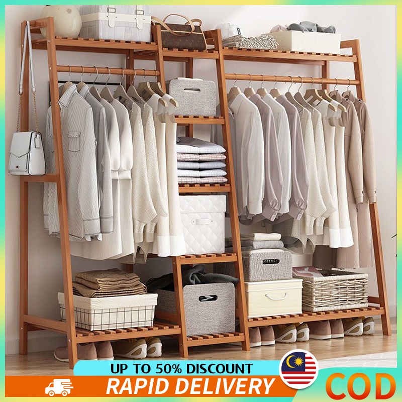 Almari Rak Baju Bamboo Clothes Drying wooden with Hook Hanger ...