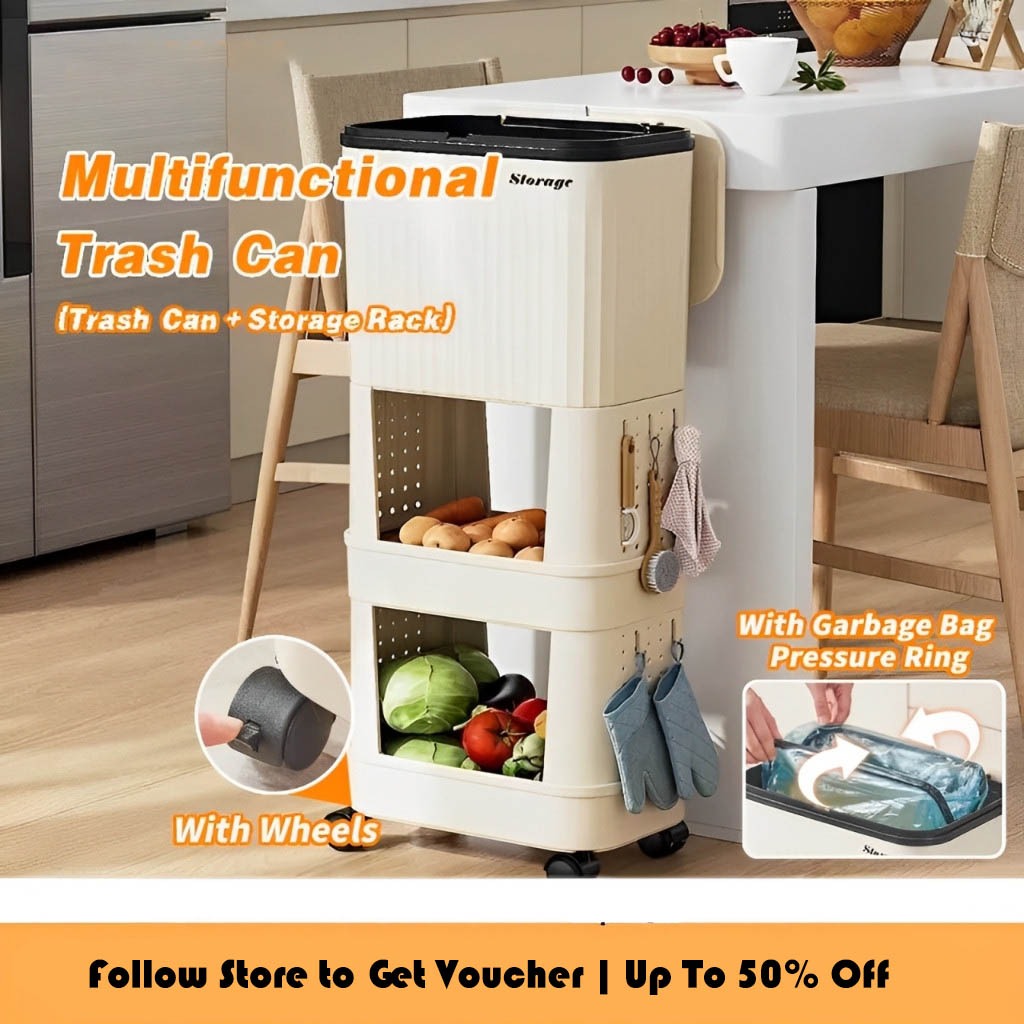 WGro Large 3-Tier Trash Can Standing Dustbin With Cover Storage Rack ...