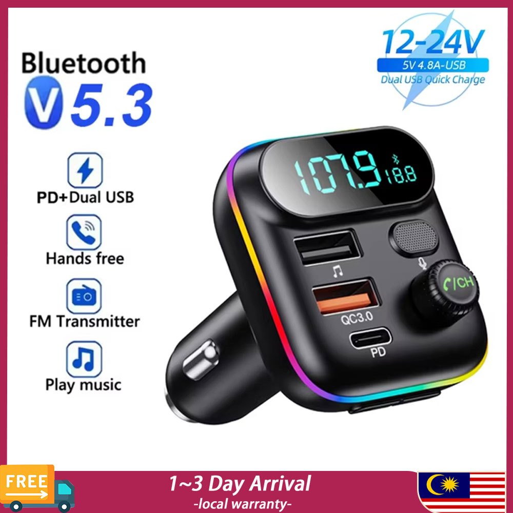 🔥MY stock🔥) Car Bluetooth FM Transmitter PD Type C Dual USB  Car Charger Ambient Light Handsfree Mp3 Player Support TF Card