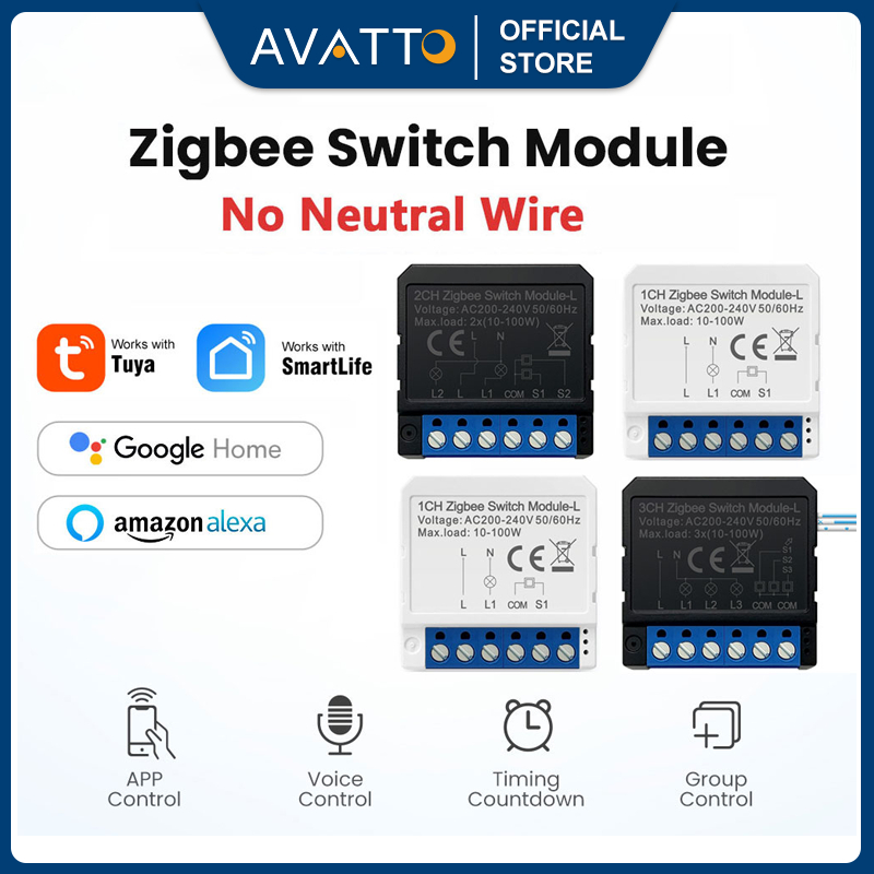 AVATTO Smart Zigbee Switch Module No Neutral Wire Required Tuya 1/2/3 ...